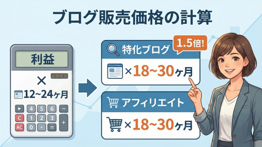 ブログ売買価格の計算式（月間利益×12〜24ヶ月）と、特化ブログが1.5倍高値になることを示すインフォグラフィック。