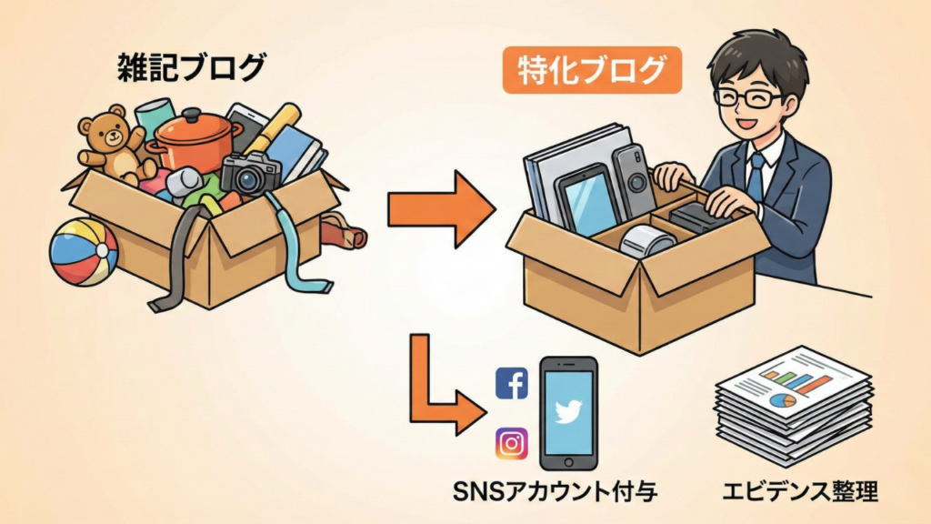 雑記ブログから特化ブログへの整理、SNSセット販売、エビデンス整理による価値向上のステップを示すイメージ画像。