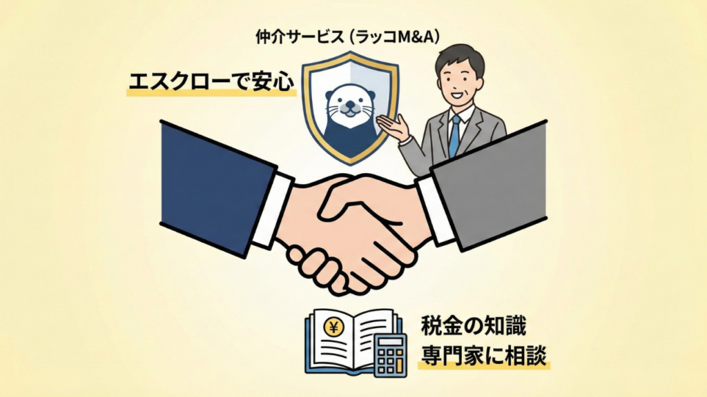 ラッコM&Aのエスクローサービスによる安全な取引と、譲渡所得などの税務相談をイメージした図解。