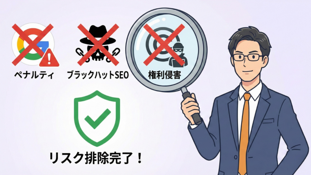 サイト売買のNG要素（ペナルティ、ブラックハットSEO、権利侵害）を排除し、サイトの健全性を証明するイラスト。
