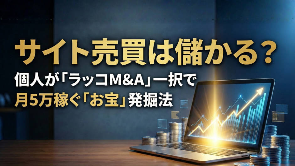 サイト売買は儲かる？個人が「ラッコM&A」一択で月5万稼ぐ「お宝」発掘法｜上昇する収益グラフとパソコンのイメージ