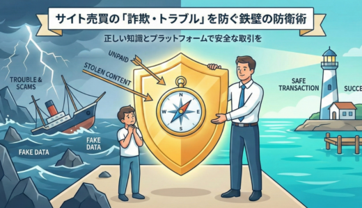 サイト売買の詐欺リスクと安全な取引を対比させたイラスト。左側には嵐の海と沈没船でトラブルを表現し、右側には灯台と穏やかな港で成功を表現しています。中央では男性がコンパスの描かれた盾を構え、知識とプラットフォームによる防衛を象徴しています。
