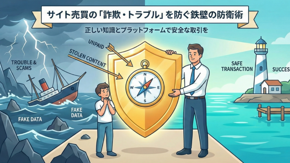 サイト売買の詐欺リスクと安全な取引を対比させたイラスト。左側には嵐の海と沈没船でトラブルを表現し、右側には灯台と穏やかな港で成功を表現しています。中央では男性がコンパスの描かれた盾を構え、知識とプラットフォームによる防衛を象徴しています。