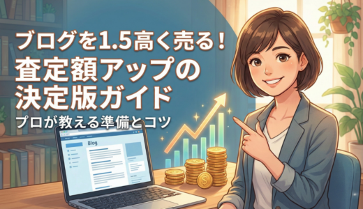 ブログ売却額を1.5倍にする査定額アップガイド。笑顔の女性と右肩上がりの収益
