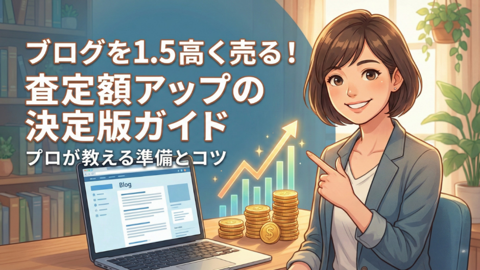 ブログ売却額を1.5倍にする査定額アップガイド。笑顔の女性と右肩上がりの収益