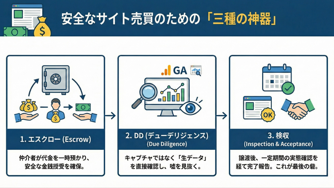 安全なサイト売買のための三種の神器を解説するインフォグラフィック。1.エスクロー（第三者による代金預かり）、2.DD（生データの直接確認）、3.検収（譲渡後の実態確認）の3つのステップが左から右へのフロー図で描かれています。