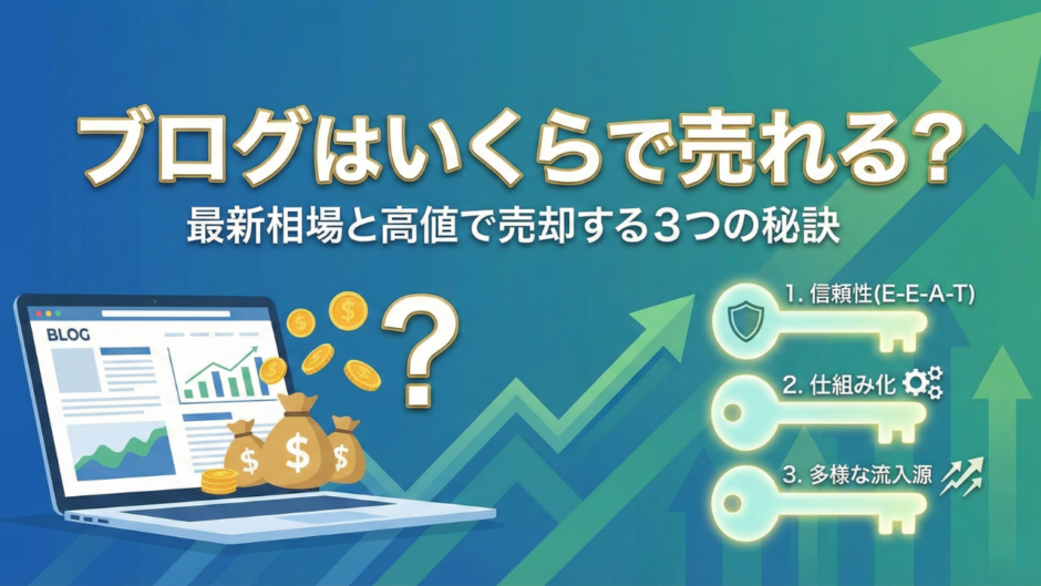 ブログはいくらで売れる？売却相場と高値で売却する3つの秘訣を解説するアイキャッチ画像。
