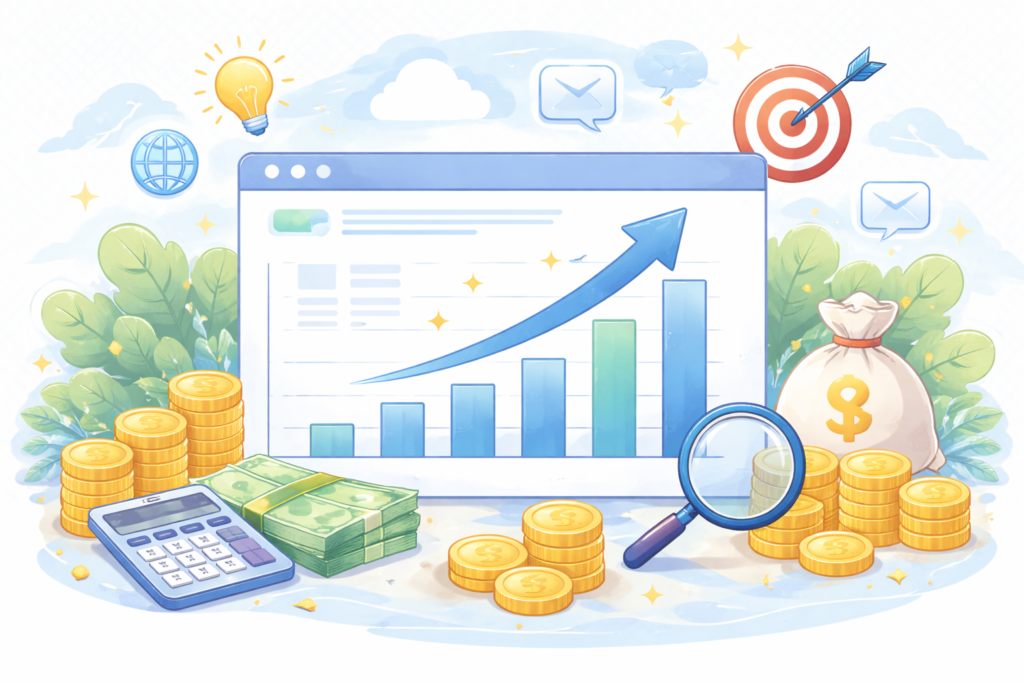 右肩上がりに成長しているサイト売買（M&A）市場を示す棒グラフのイラスト