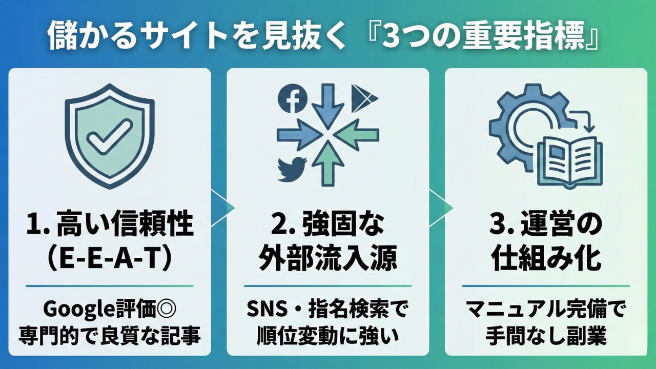 儲かるサイトを見抜く3つの重要指標のまとめ図解。高い信頼性（E-E-A-T）、強固な外部流入源、マニュアル完備による運営の仕組み化  の解説