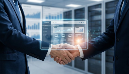 ブログ売買（サイトM&A）の取引成立を表すビジネスマンの握手と、ウェブサイトの分析データ画面