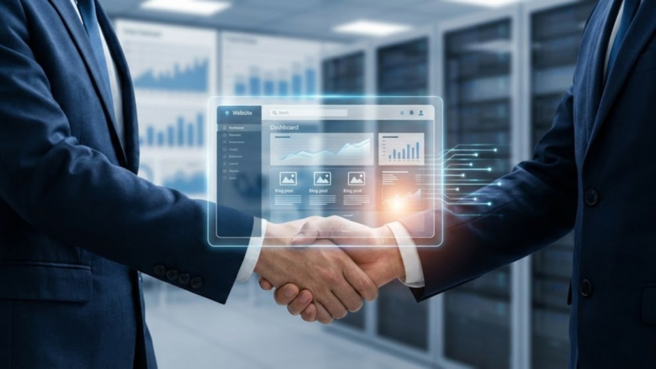 ブログ売買（サイトM&A）の取引成立を表すビジネスマンの握手と、ウェブサイトの分析データ画面