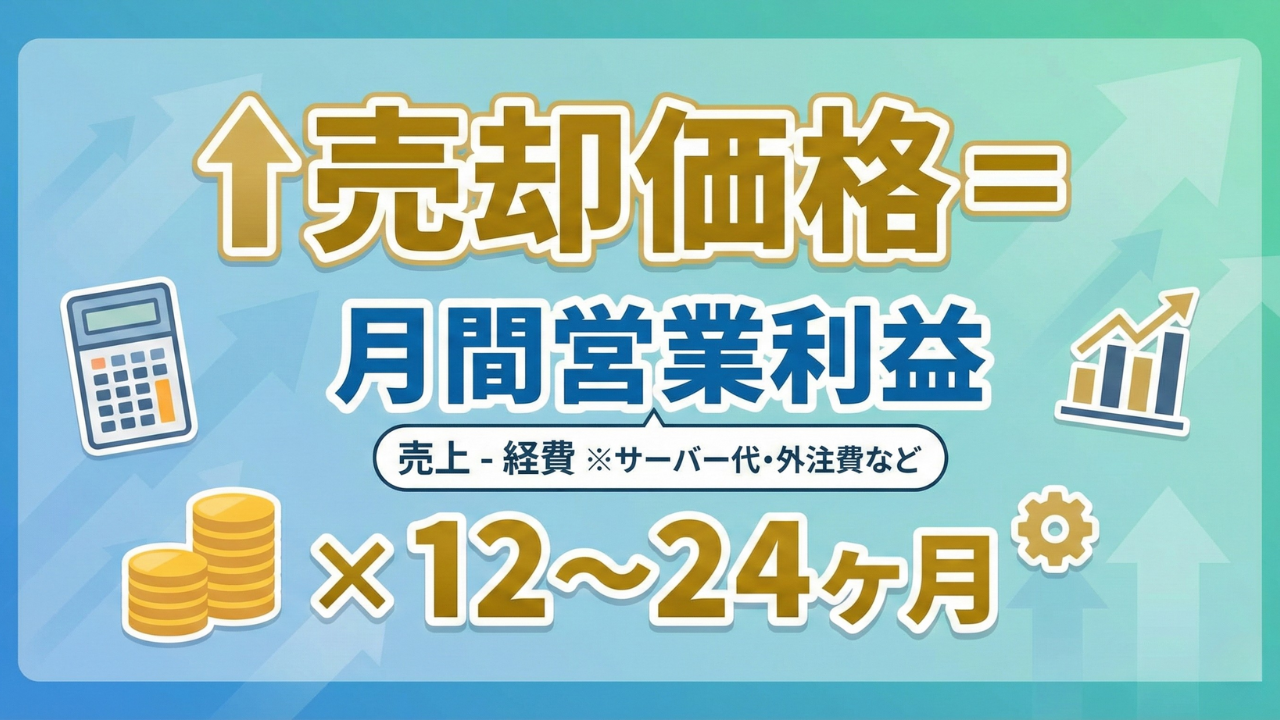 ブログ売却価格の計算式。売却価格＝月間営業利益（売上ー経費）×12ヶ月〜24ヶ月分であることを示す図解